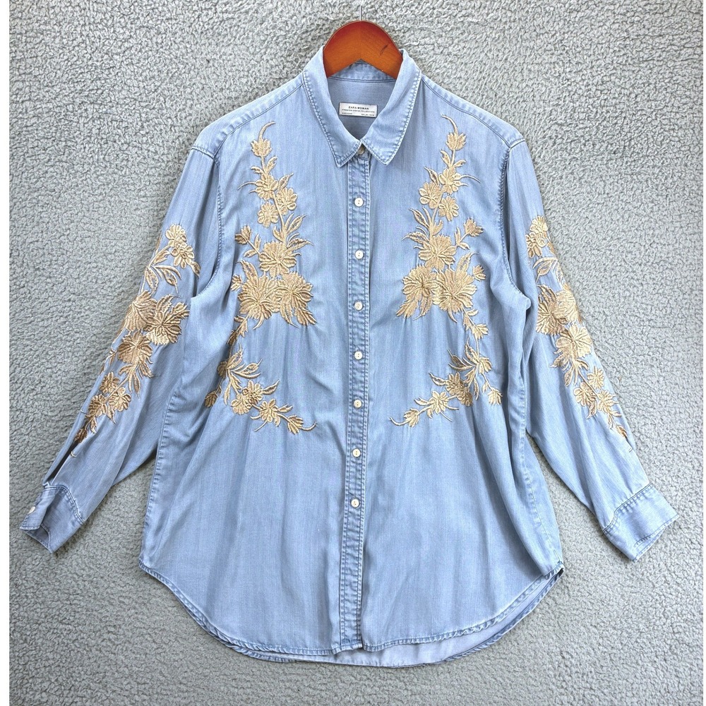 Zara Embroidered Denim Button Down Shirt Womens L Blue Floral Chambray Boho